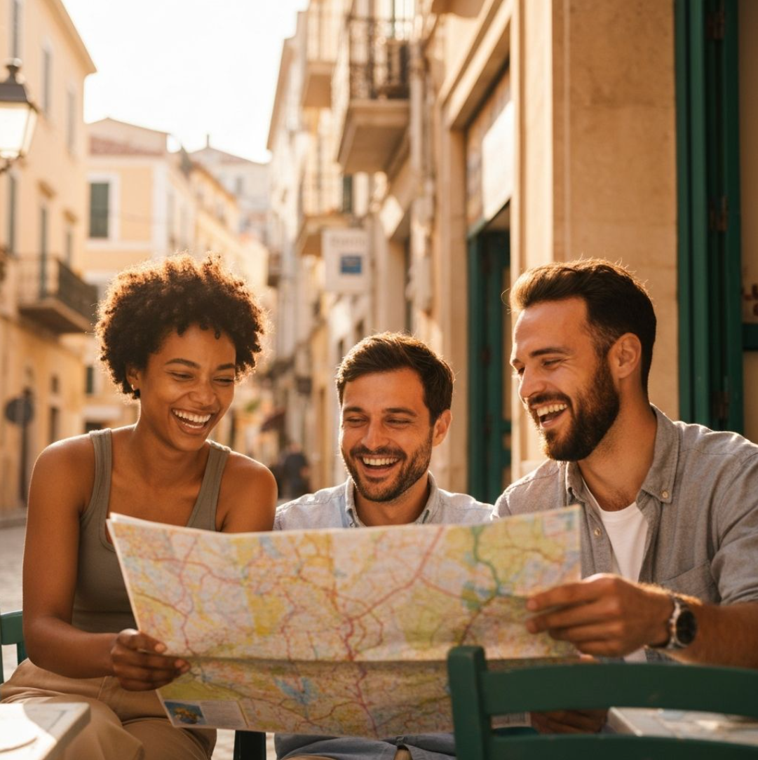 Friends planning a trip together at an outdoor cafe